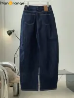 HanOrange Winter Vintage Arc High Waist Wide Leg Jeans Women Thickened Warm Loose Casual Trousers Female Dark Blue - Image 4