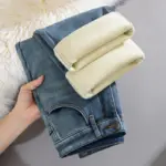 Y2k Pants Jeans for Woman Winter Fleece Lined 2025 New Thick Warmth Slim Wide Leg Straight Trousers Fashion casual - Image 3