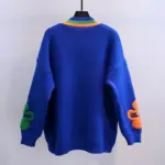 Blue Acrylic Knit V-Neck Letter Flower Casual Women's Cardigan Sweater Single Breasted Cardigan For Women Clothing Thick Winter - Image 2