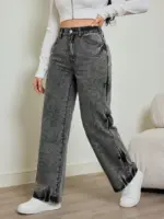 2025 autumn new women's jeans, tie-dye contrast washing, elastic waist, high waist straight jeans - Image 3